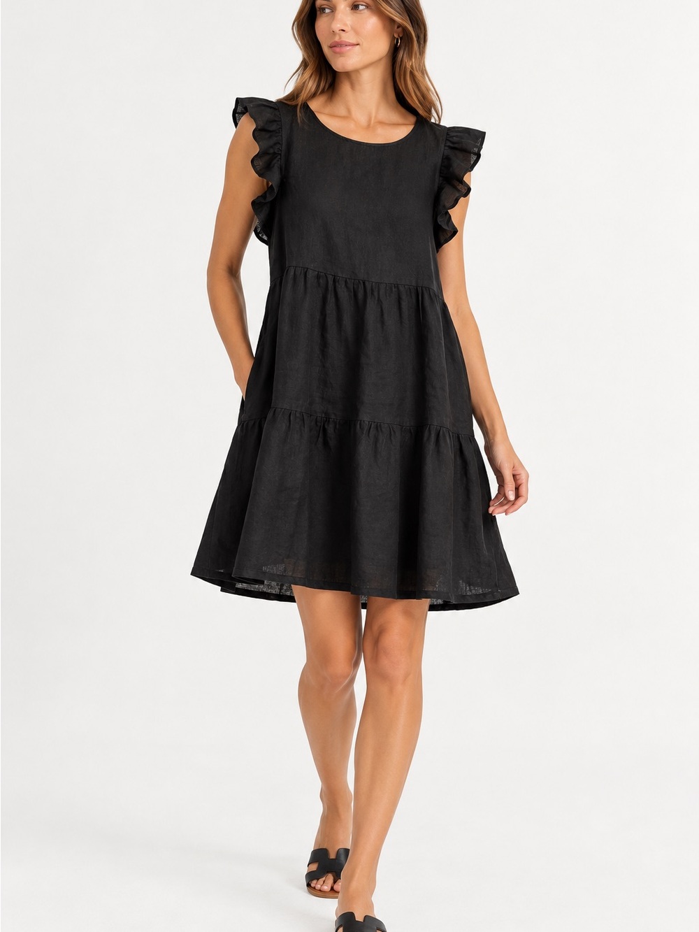 Saks Fifth Avenue Linen Dress Womens Large Black Ruffle Tiered Mini